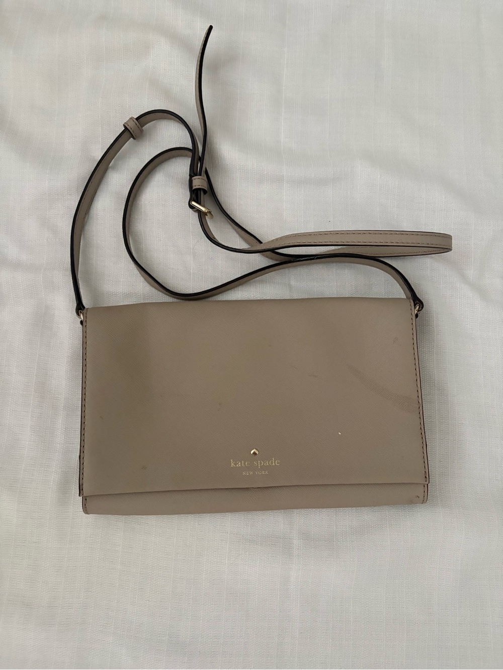 kate spade taupe beige leather crossbody with gold logo